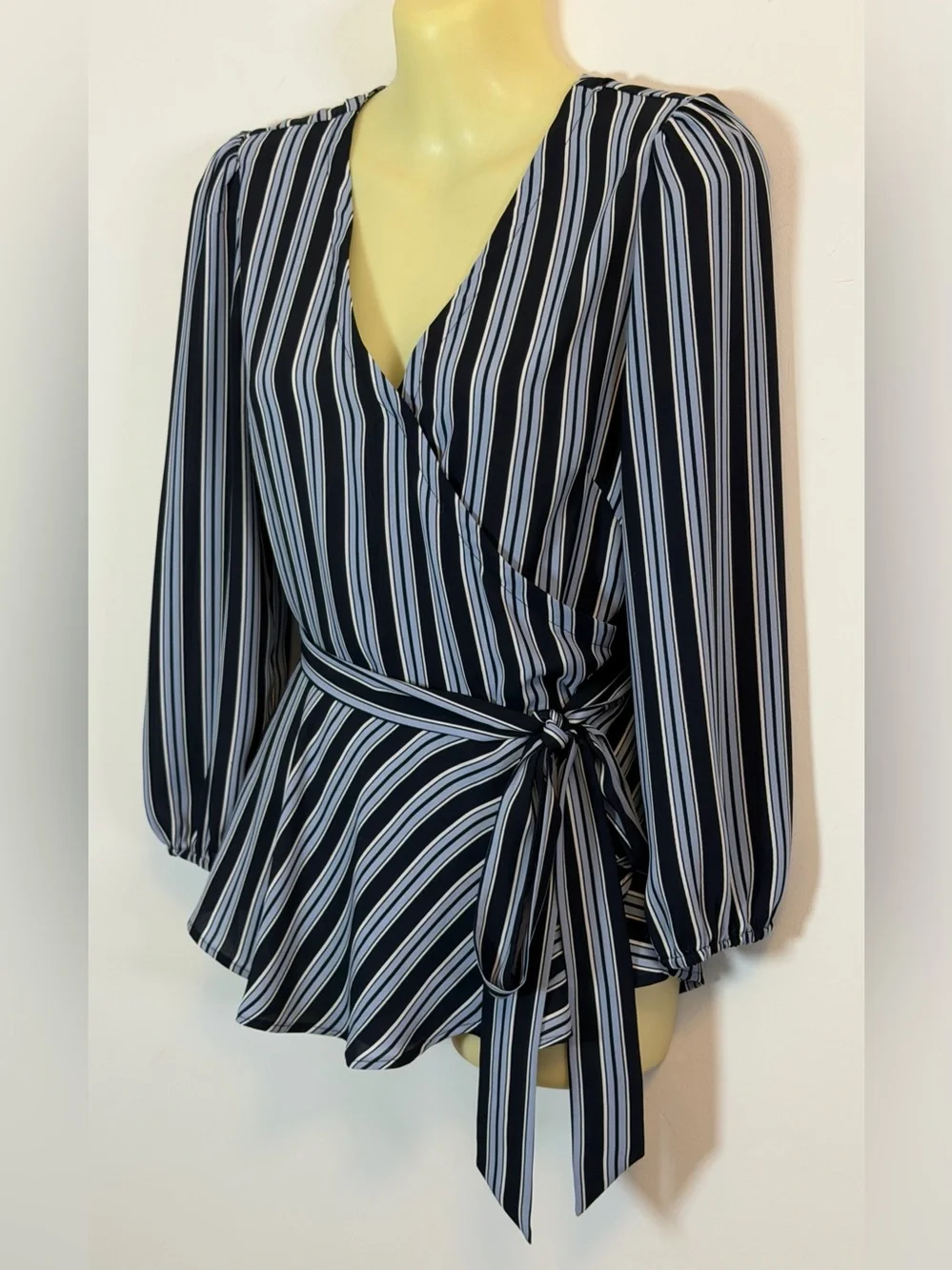 LOFT Petites Navy & White Striped Wrap Blouse